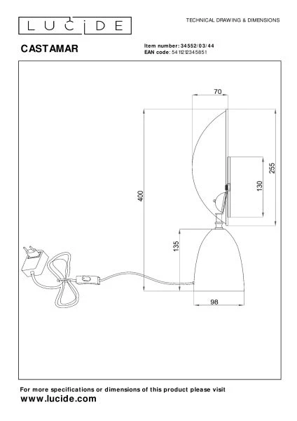 Lucide CASTAMAR - Tischlampe - Ø 25,5 cm - LED - 1x8W 2100K - Ockergelb - technisch